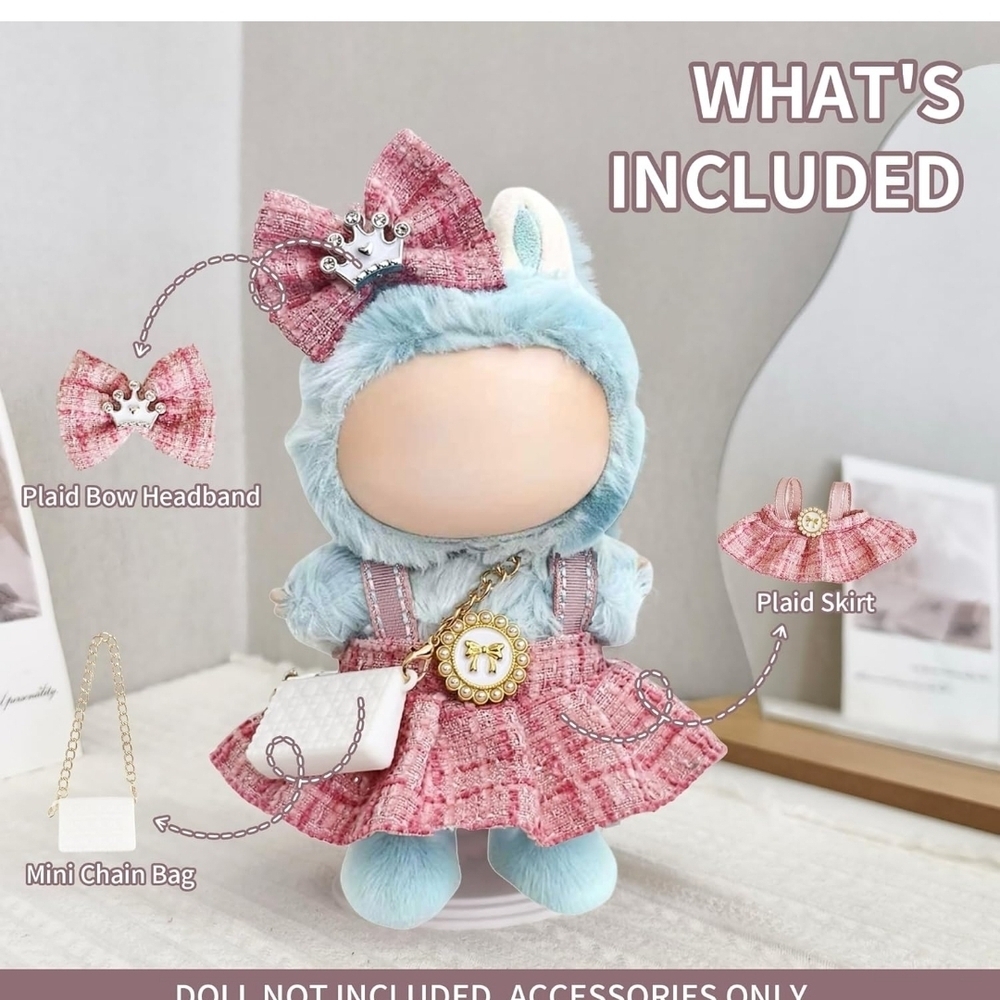 Labubu Plaid Bow Headband and Skirt Set for Doll - Picture 3 of 3